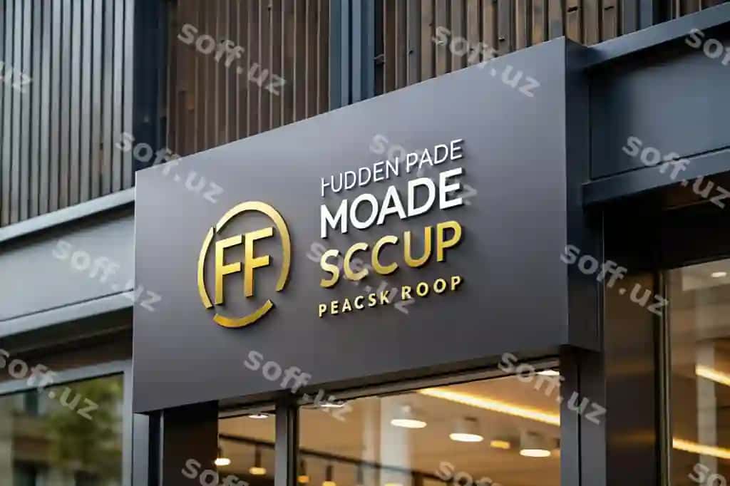 Zamonaviy qora fasadli signa logotipi mockup dizayni | Modern black facade sign logo mockup design