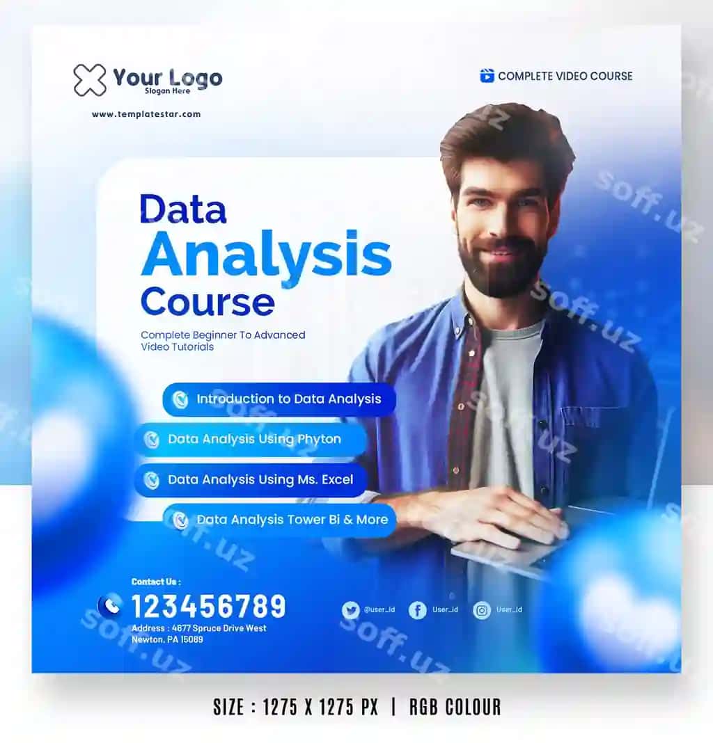 Ma'lumotlar tahlili kursi ijtimoiy tarmoqlar reklamalari banner flyer promotsiya shablonlari | Data analysis course social media ads banner flyer promotion templates