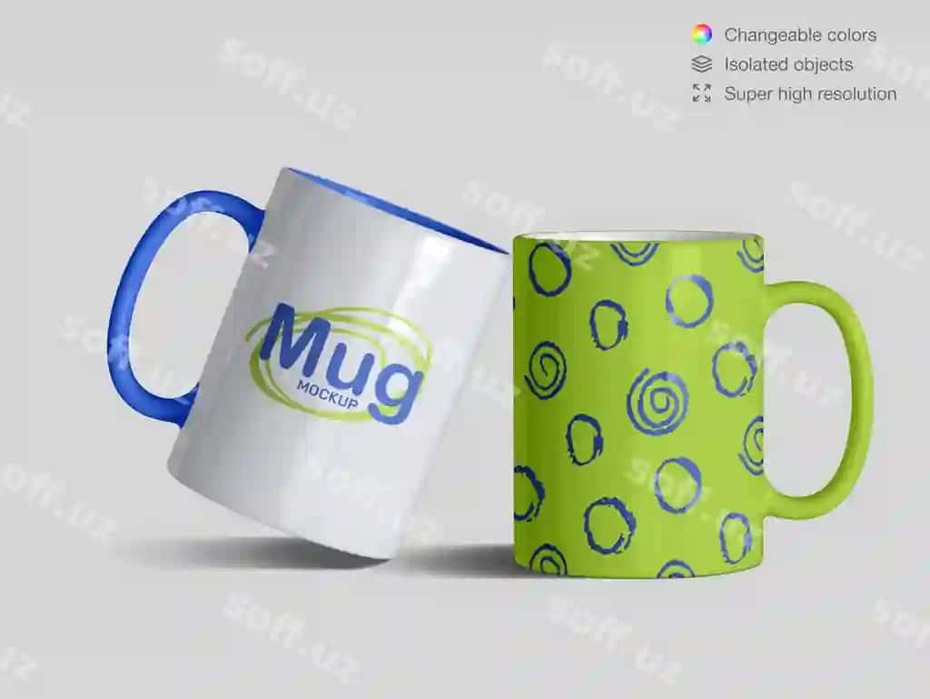 Ikki haqiqiy old tomondan ko'rinish klassik keramika choy qoshiq namuna shabloni | Two realistic front view classic ceramic mugs mockup template