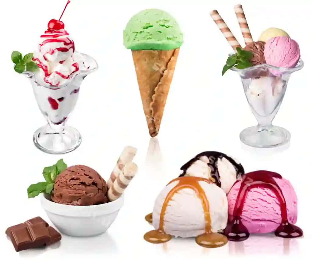 Muzza qozonlaridan kollej vanil, shokolad, baGi mazali qozonlar tikkatlar bilan | Ice cream scoop collage with vanilla chocolate berry scoops topping