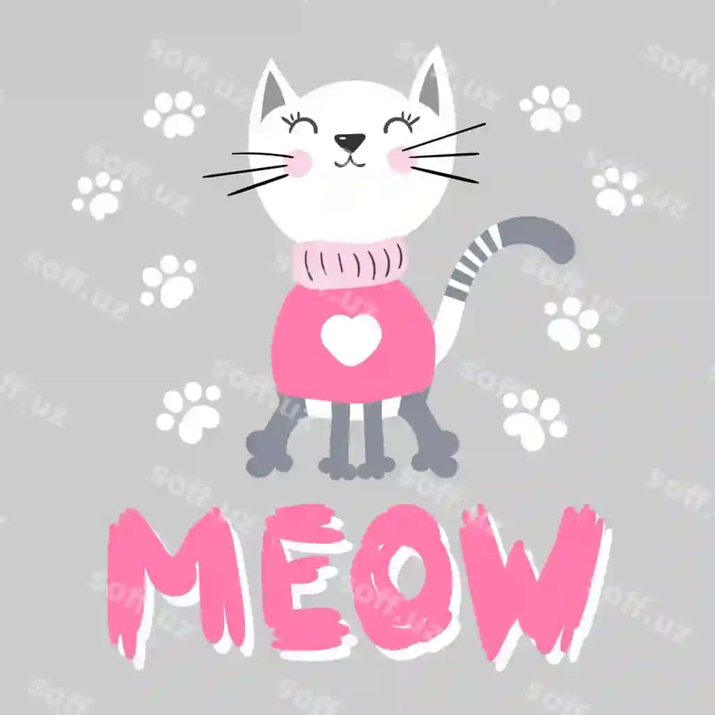 Mazali mushuk bosmasi binafsolari rosa rangli "mushuk" deyishini o'zbekcha vektor illustratsiyasi | Cute cat print with paw pink phrase lovely meow vector illustration
