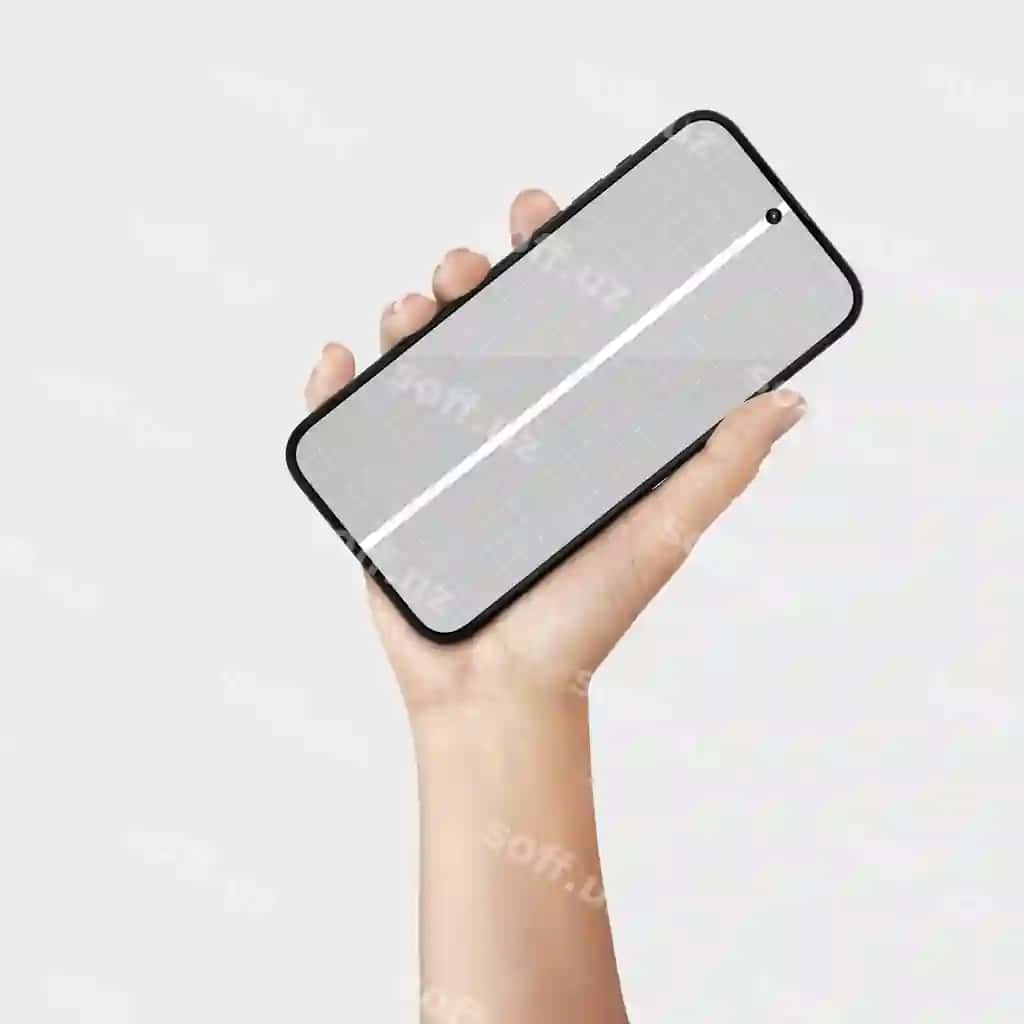 Telefonni tutgan shaxs, ekrani 'iPhone' deb yozilgan. | Person holding phone that has screen that says iphone it