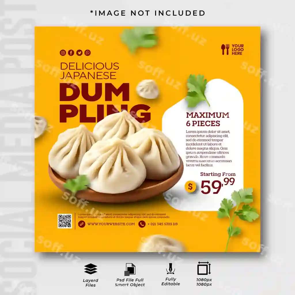 Yapon manti Instagram ijtimoiy tarmoqlari uchun post shabloni | Japanese dumplings instagram social media post template