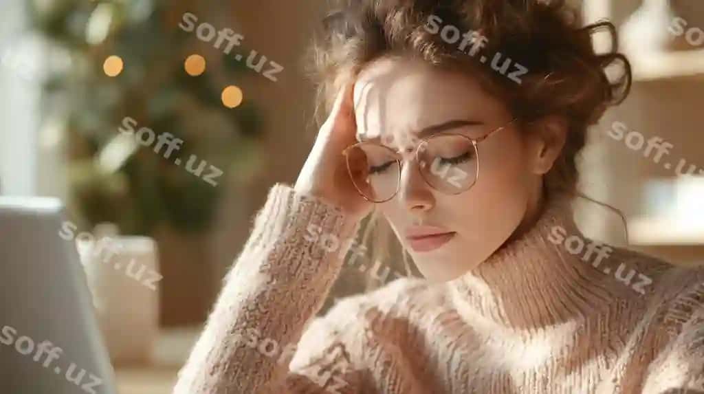 O'ylangan ayol noutbuk ekraniga qaramoqda, qulay ichki muhitda. | Pensive woman gazing laptop screen cozy indoor setting
