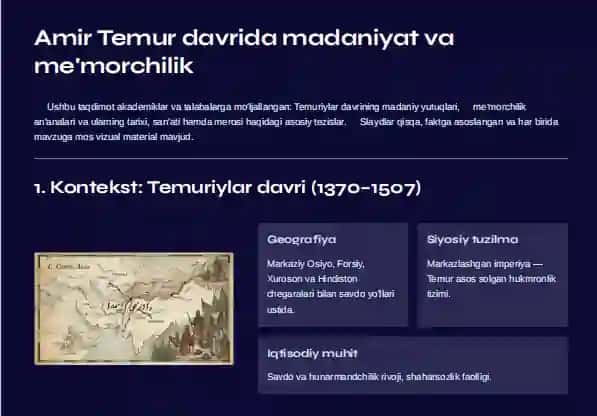 Amir Temur Davrida Madaniyat va Memorchilik