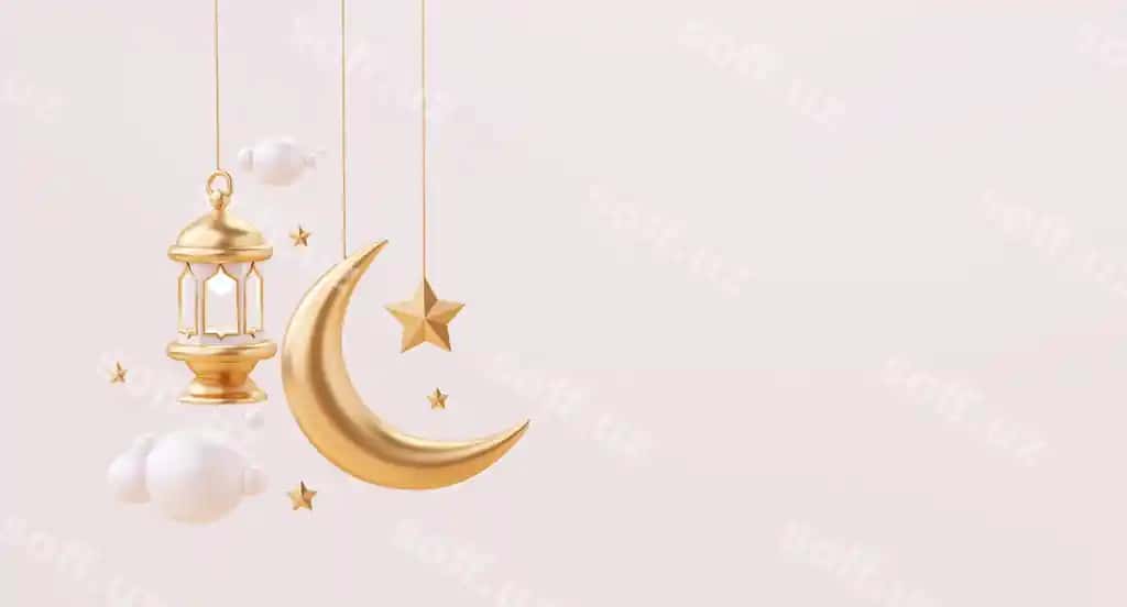 Ramazon kareem Islomiy salomi hilol yulduz fanari bilan kopirofka maydoni orqa fonda 3D illustratsiyasi | Ramadan kareem greeting islamic with moon star lantern copy space background 3d illustration