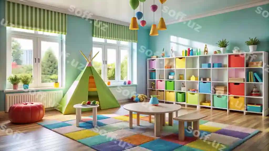 Hayotli bolalar o'yin xonasi rangli mebel va o'yin uy bilan. | Vibrant childrens playroom with colorful furniture play tent