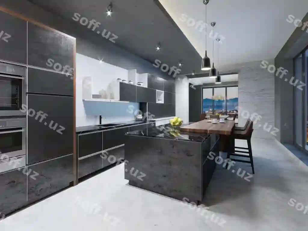 Zamonaviy qorong'iq oshxona ichki ko'rinishi meblat jihozlari bilan 3D rendering | Modern dark kitchen interior with furniture equipment 3d rendering
