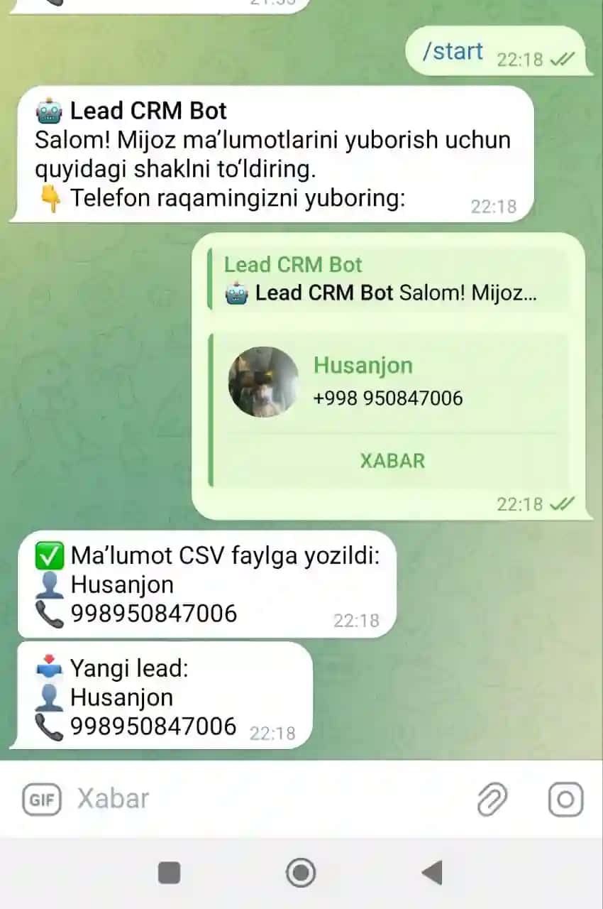 Lead CRM Bot (aiogram v3) — Mijoz telefon raqamini yig‘uvchi Telegram bot