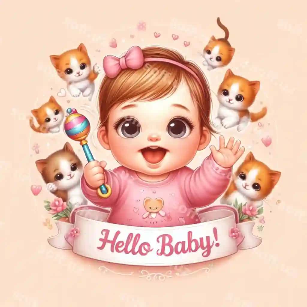 O'yinchoq bolalar va murella bilan chiroyli salomlashish illustratsiyasi | Playful baby with kittens adorable greeting illustration