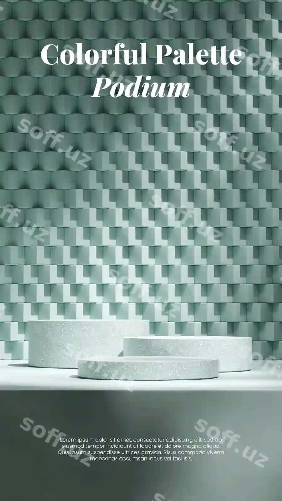 Kub shaklidagi devor 3d render bo'sh namuna yashil terrazzo silindr stoyka | Cube shape wall 3d render blank mockup green terrazzo cylinder podium