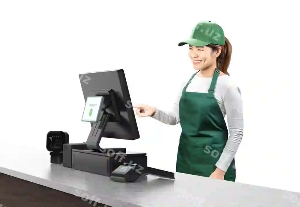 Faol o'siyo sotuvchisi yashil kostyum kiygan, punkt sotuv terminali va kassa stoli bilan gulchi. | Active asian seller wear green uniform smiling with point sale terminal cashier desk