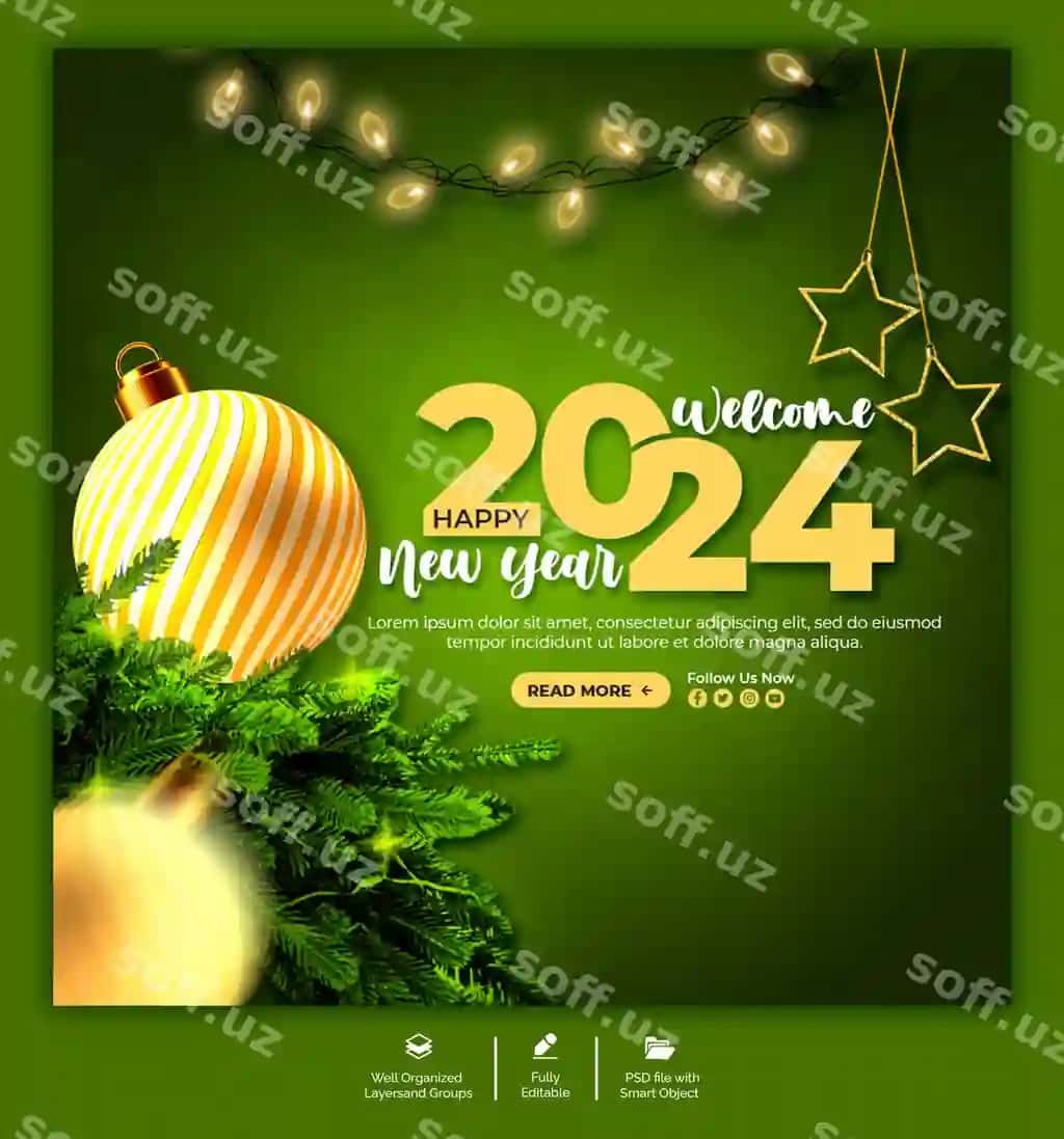 Psd 2024 Yangi yil bilan Ijtimoiy tarmoqlar shabloni | Psd 2024 happy new year social media template
