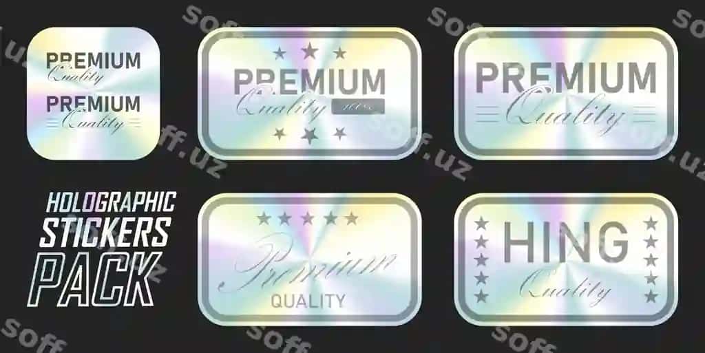 Hologram stikerlar va etiketlar hologramli premium sifatli matn vektori bilan | Hologram stickers labels with holographic premium quality text vector