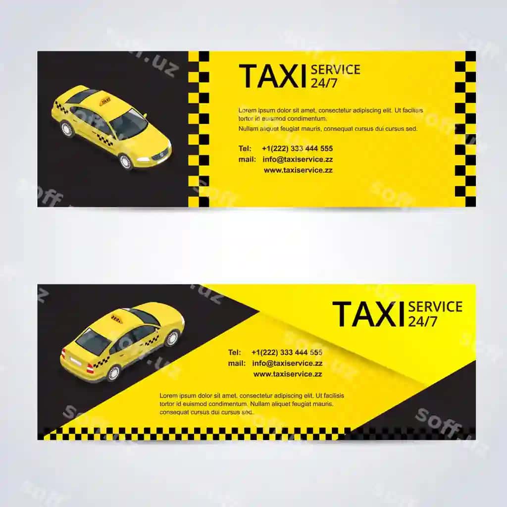 Qora va sariq taksi kartasi taksi mashina rasmlari bilan vektor illustratsiyasi | Black yellow taxi card with taxi car image vector illustration