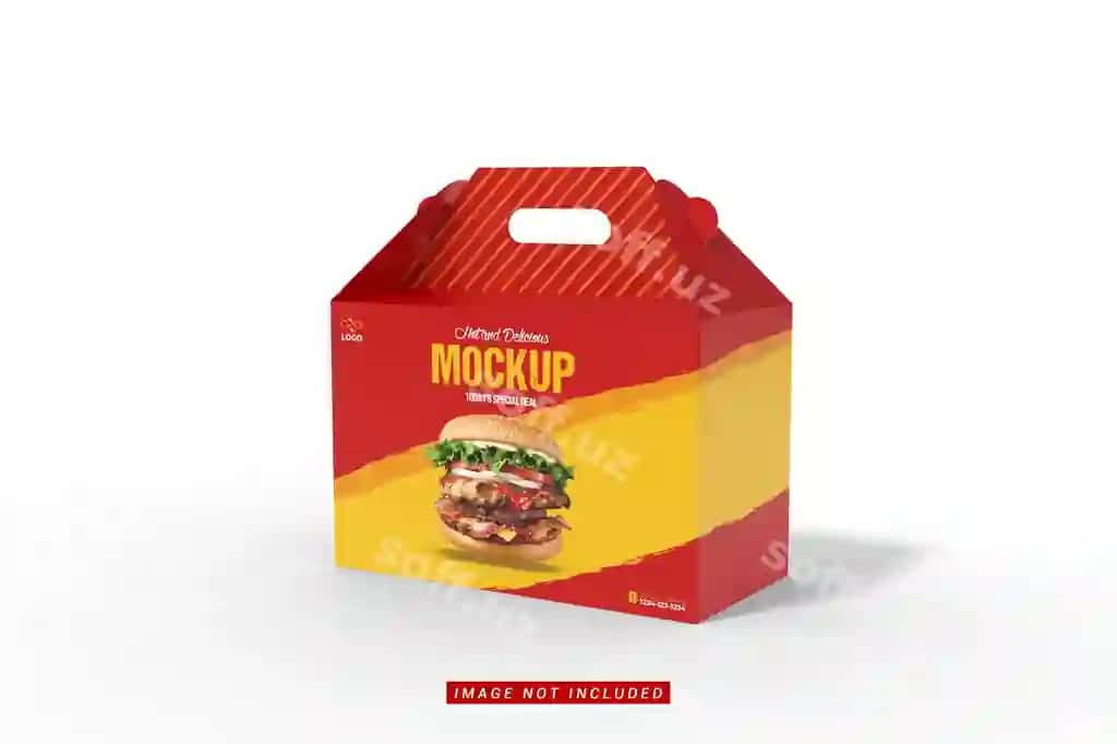 Yarımi ko'rinish ovqat yetkazib berish qutichi modeli | Half view food delivery box mockup