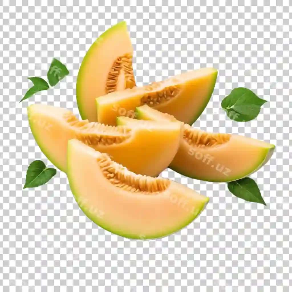 Kesilgan qovun varaqlar bilan shaffof orqa fonda | Sliced melon with leaves transparent background