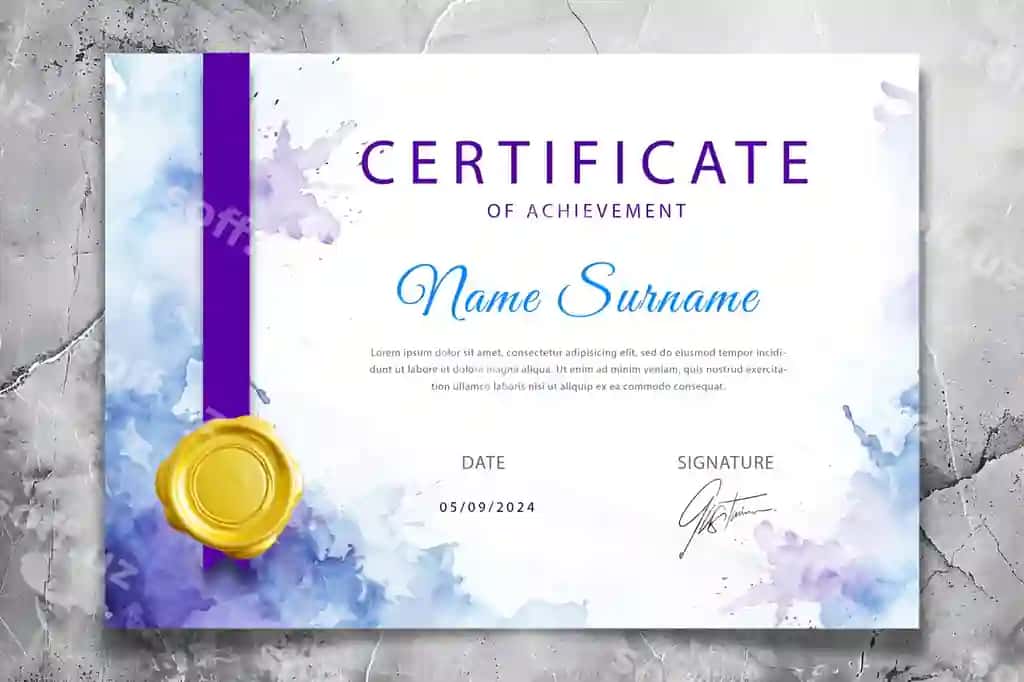 Nukhutli go'zal sertifikat shabloni akvaramel sochilishlari bilan | Elegant beautiful certificate template with watercolor splashes