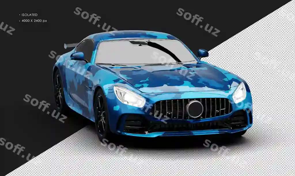 Ajraltirilgan haqiqiy metalik ko'k kamuflyaj grand turizm avtomobili super sport | Isolated realistic metallic blue camouflage grand tourer super sport