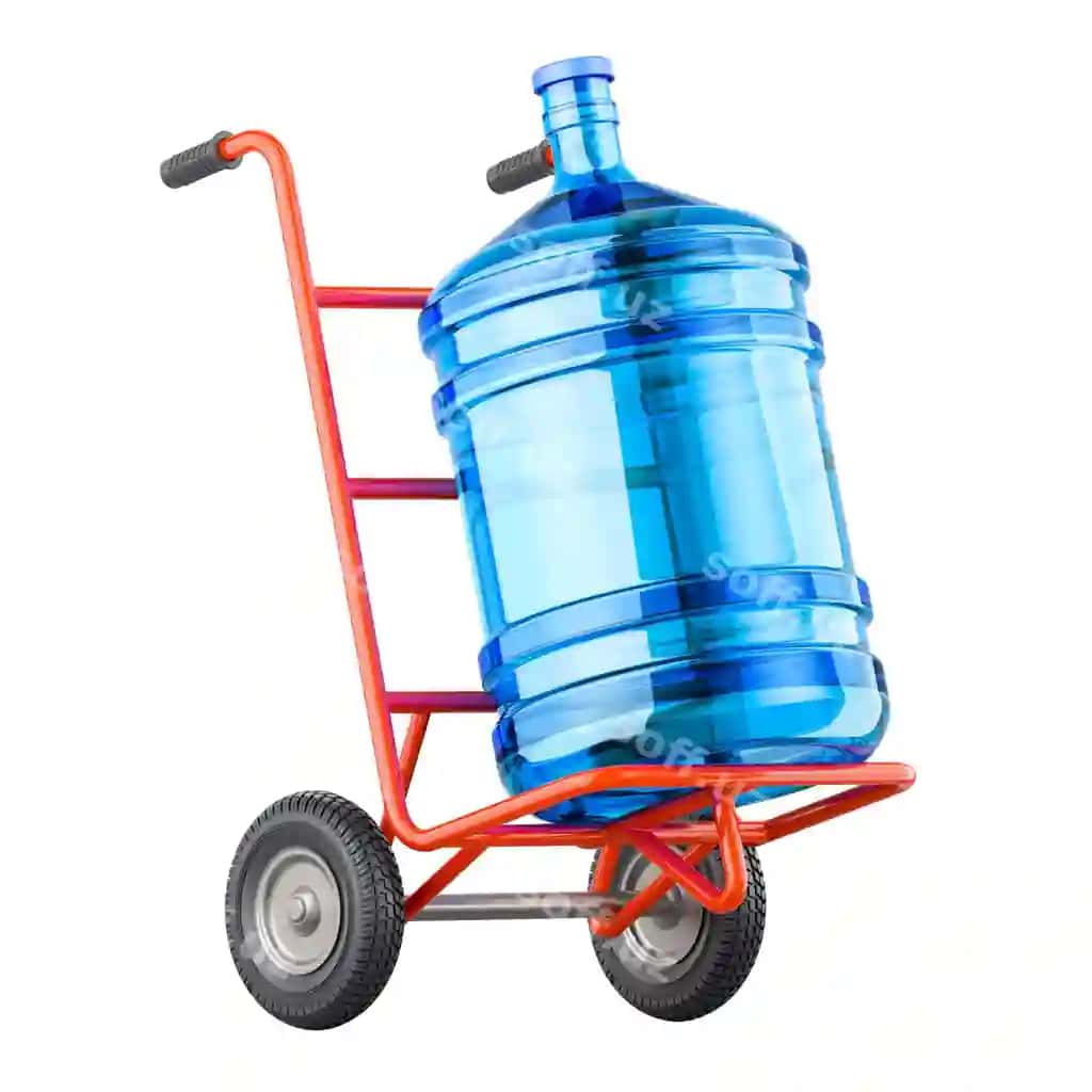 Botillardagi suv yetkazib berish kontseptsiyasi ruchkasi 3D | Bottled water delivery concept hand truck with bottled water 3d