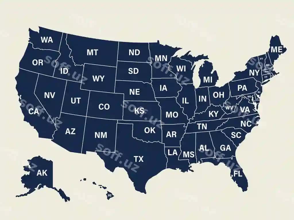 AQSH vektor xarita AQSH xarita har bir shtat qisqa nomi siyosiy | United states vector map usa map with each state short name politics