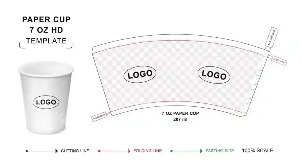 Qog'oz kupy die-cut shablon 7 oq HD issiq ichimlik qog'oz kupy modeli | Paper cup die cut template 7 oz hd hot drink paper cup mockup