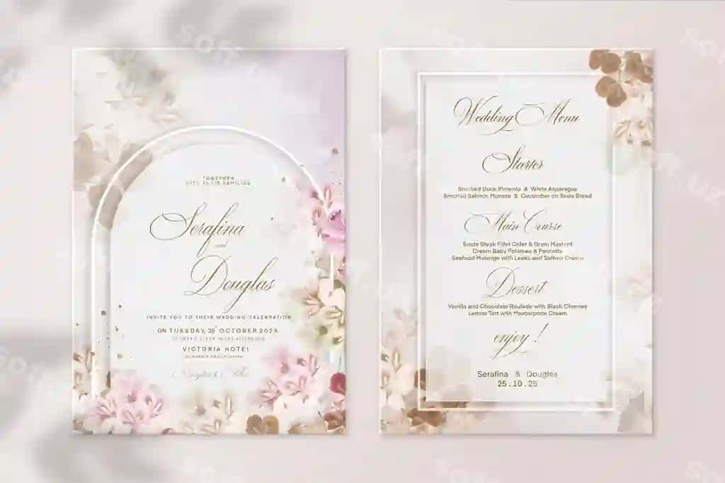 Geometrik turmali taklifnoma va turmali menyu shabloni | Geometric wedding invitation wedding menu template