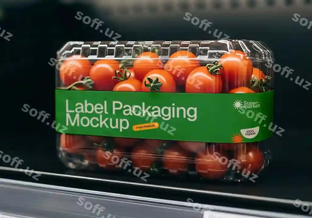 Yangi organik pomidorlar etiketka qadoqlash namunasi supermarket sozlamasi | Fresh organic tomatoes label packaging mockup supermarket setting