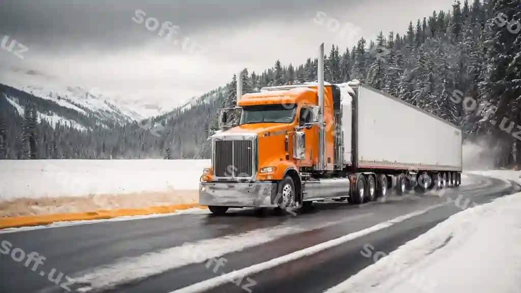 Yuk mashinasi qorqoq yo'l bo'yi kun davomida harakat qilmoqda | Truck driving along snowy road day
