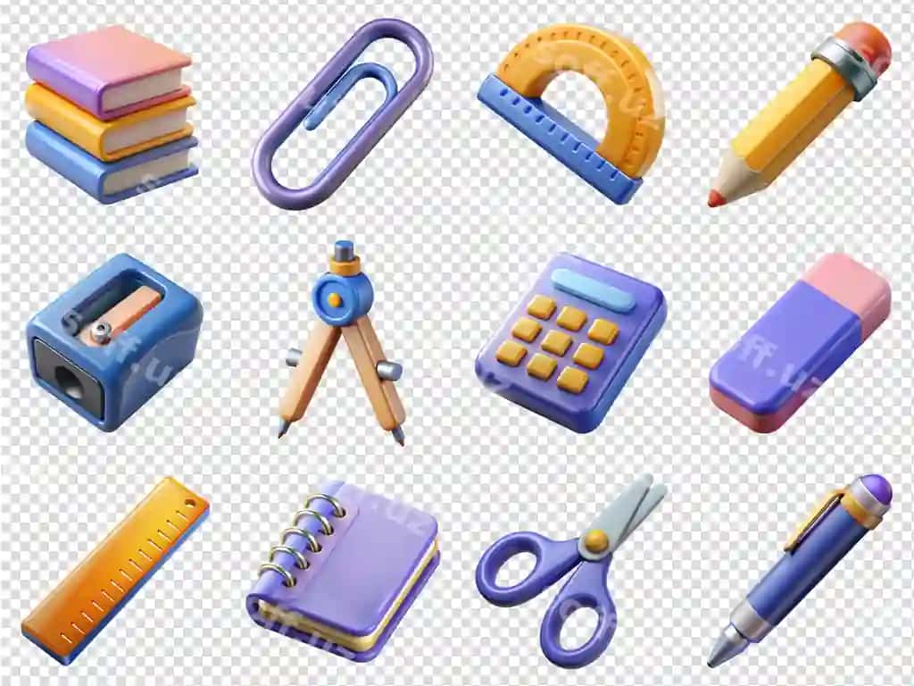 Jamlanma ofis kancellyariya 3d ikonkalar o'z ichiga qalam va kalkulyator | Collection office chancellery 3d icons including pencil calculator