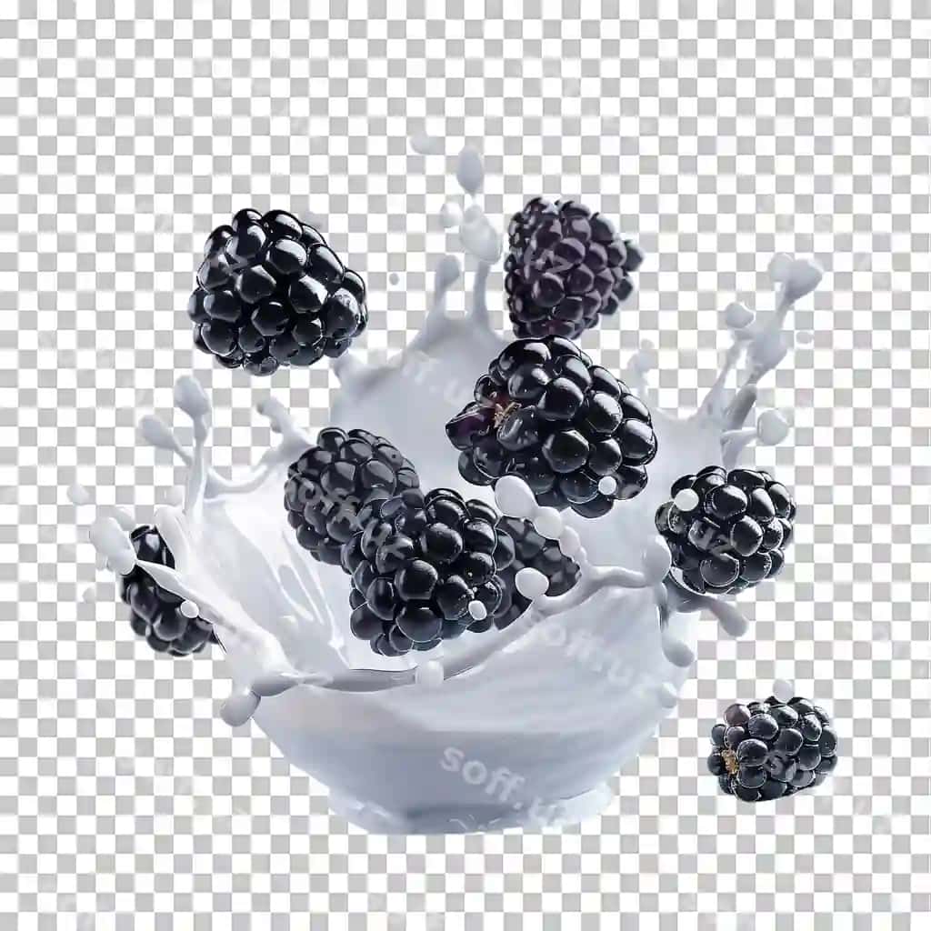 Suziluvchi buzqurtboshlar sut splashi ajralangan shaffof | Floating blackberries milk splash isolated transparent