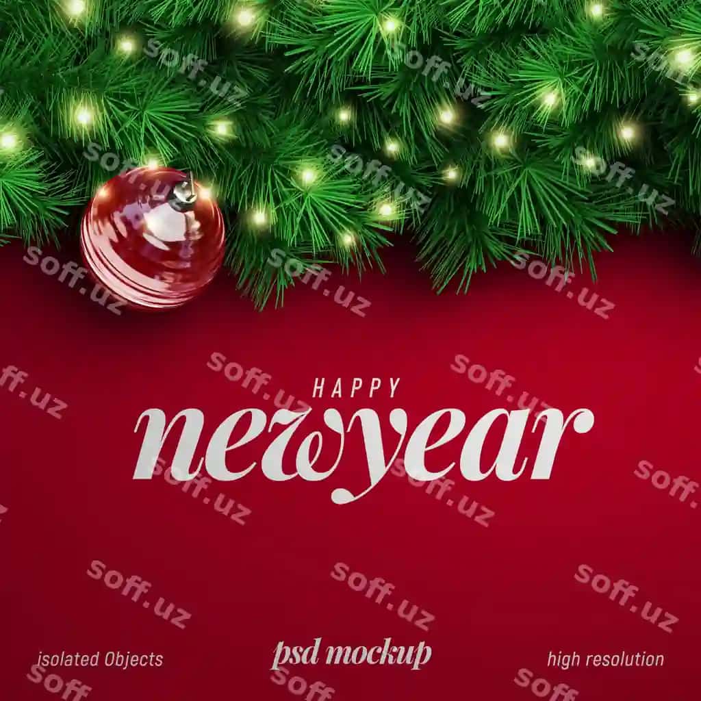 Yangi yil foni shabloni bezakli yangi yil (christmas) daraxt daryolari bilan | New year background mockup with decorative christmas tree branches