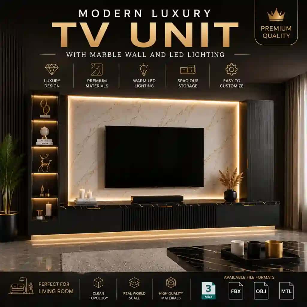 Modern Luxury TV Unit with Marble Wall and LED Lighting