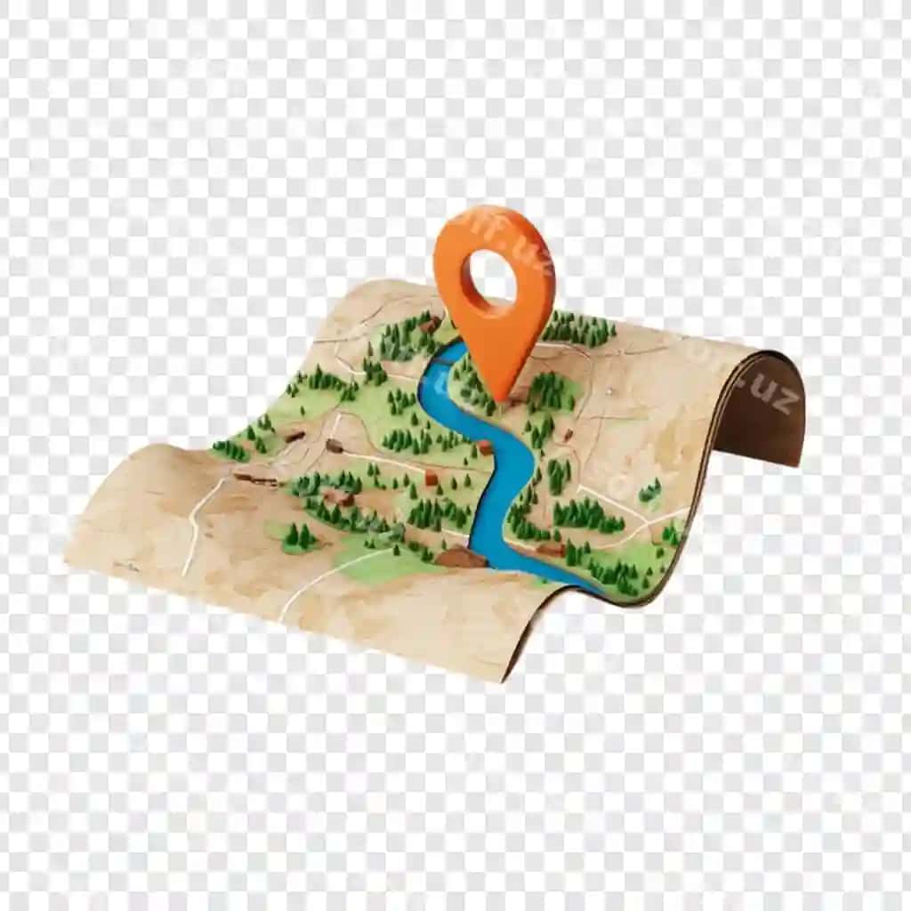 Apelsin rangli joy belgisi, aylanma xarita darya va yashil daraxtlarni ko'rsatuvchi | Orange location pin rolled map showing river green trees