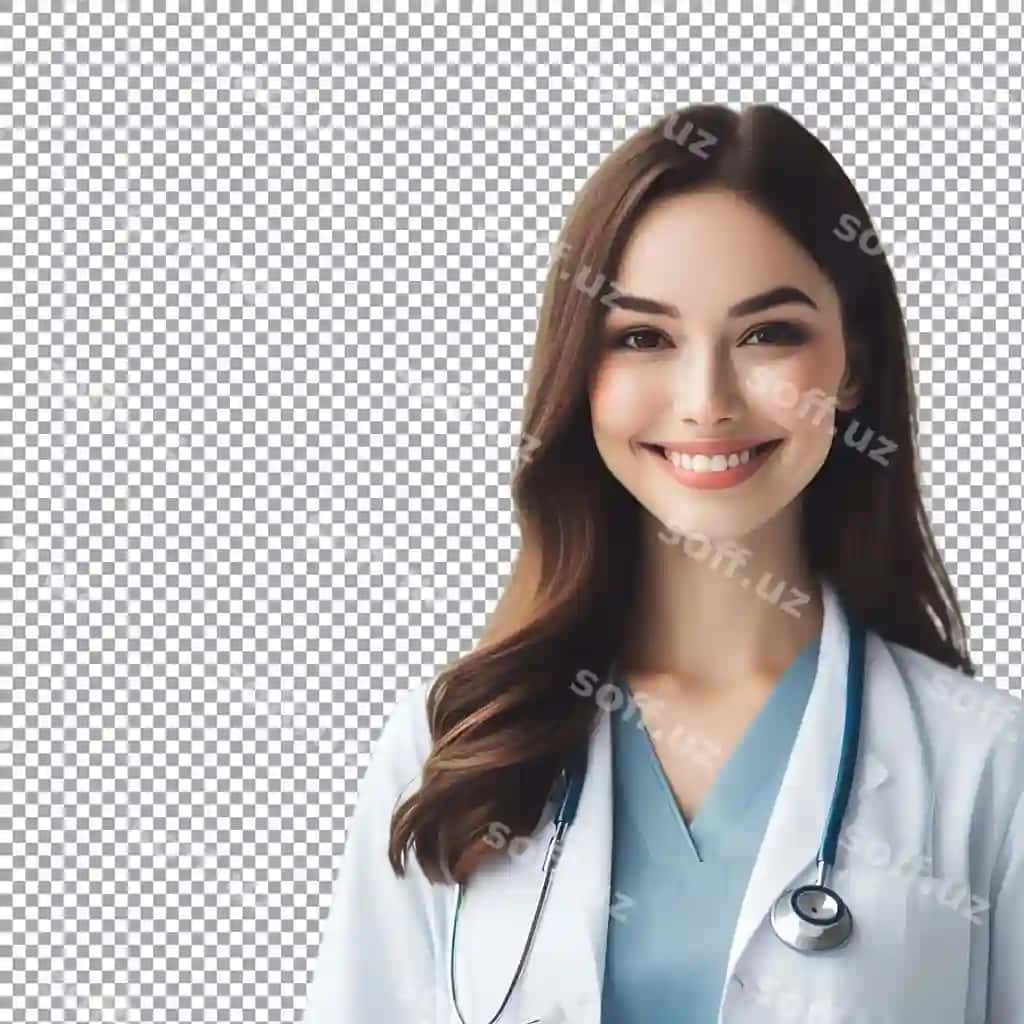 Do'stona ayol doktor stetoskop bilan shaffof fon | Friendly female doctor with stethoscope transparent background