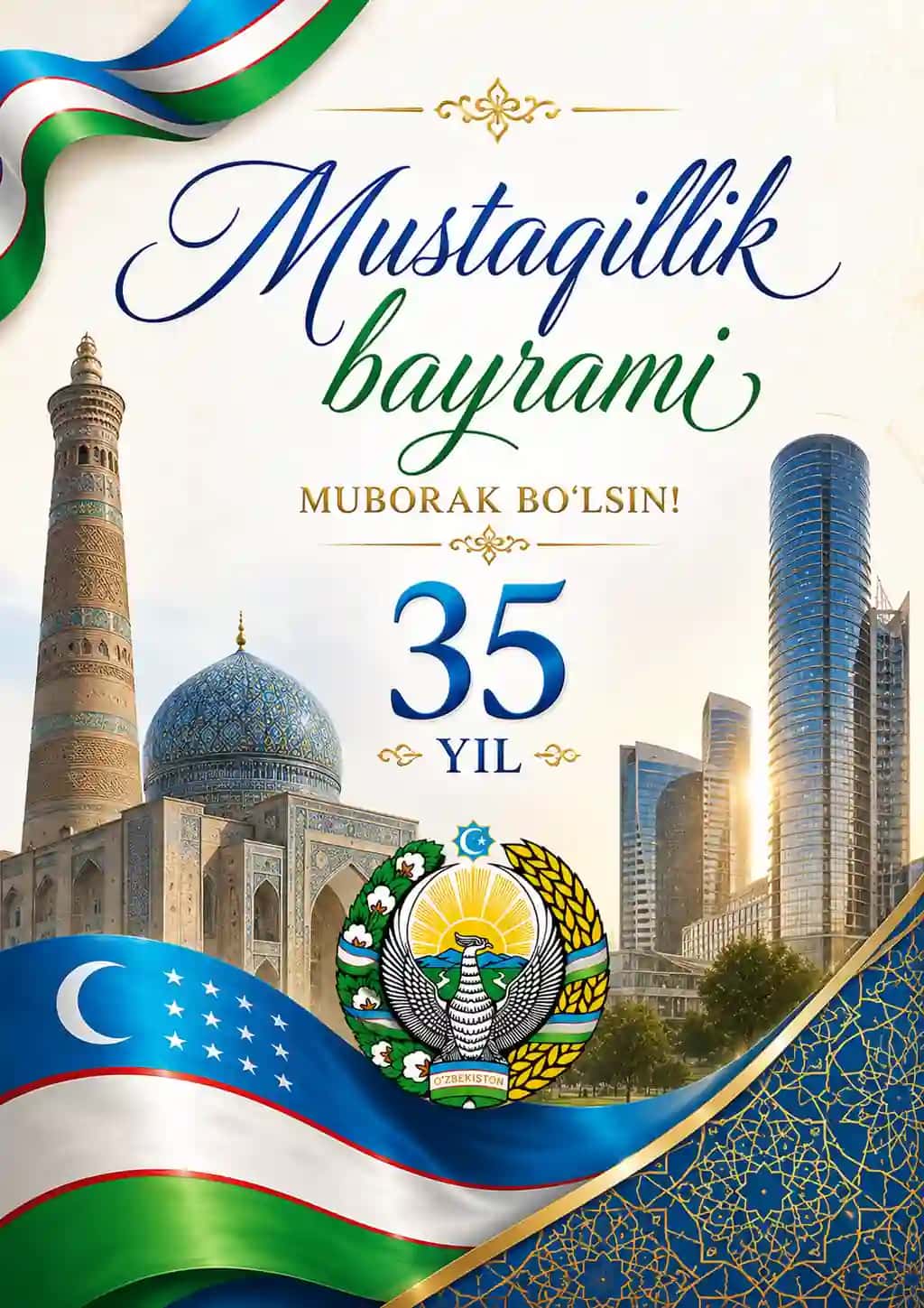 O‘zbekiston Mustaqillik Bayrami — 35 Yillik Muborak Tabriknoma Dizayni
