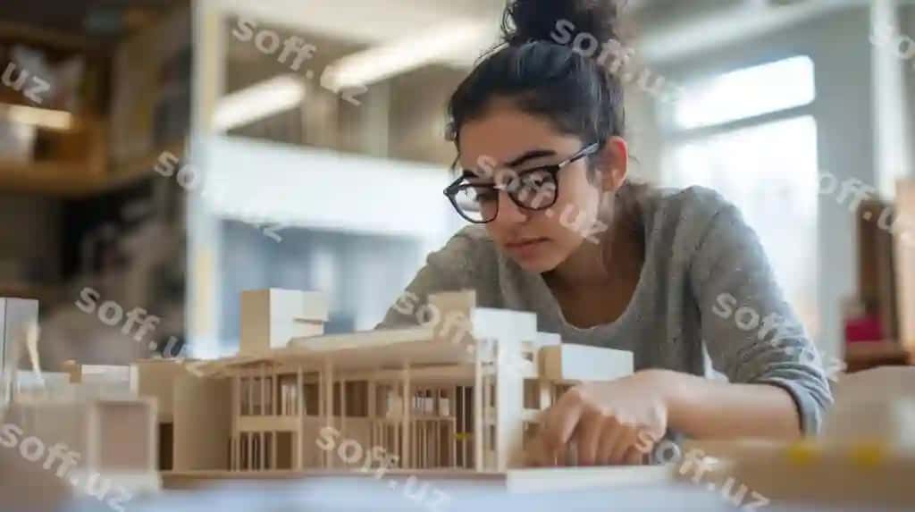 Yosh ayol me'morchilik model dizayn studiyasida aniq ishlayotgan. | Young woman meticulously working architectural model design studio