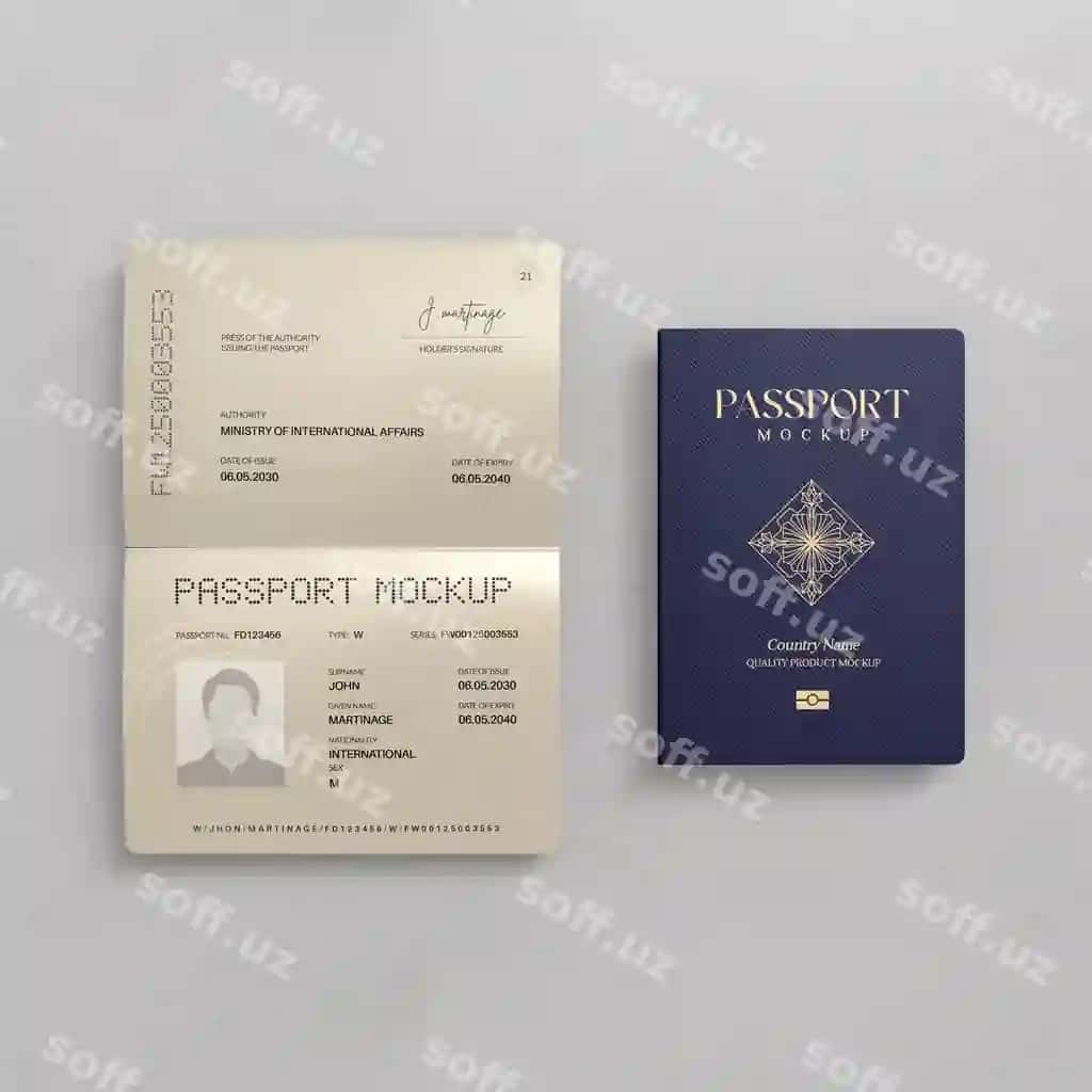 Pasport mockup yopiq ochiq hujjatlari | Travel passport mockup closed open documents