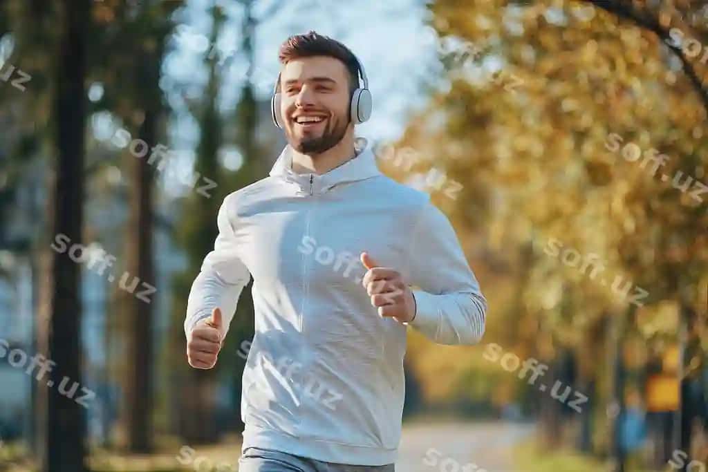 Man oq sviterni park orqali yug'ilmoqda, gulmoqda, musiqa tinglashmoqda, uning telsiz quloqchinlari bilan. | Man white hoodie runs through park smiling listening music with his wireless headphones