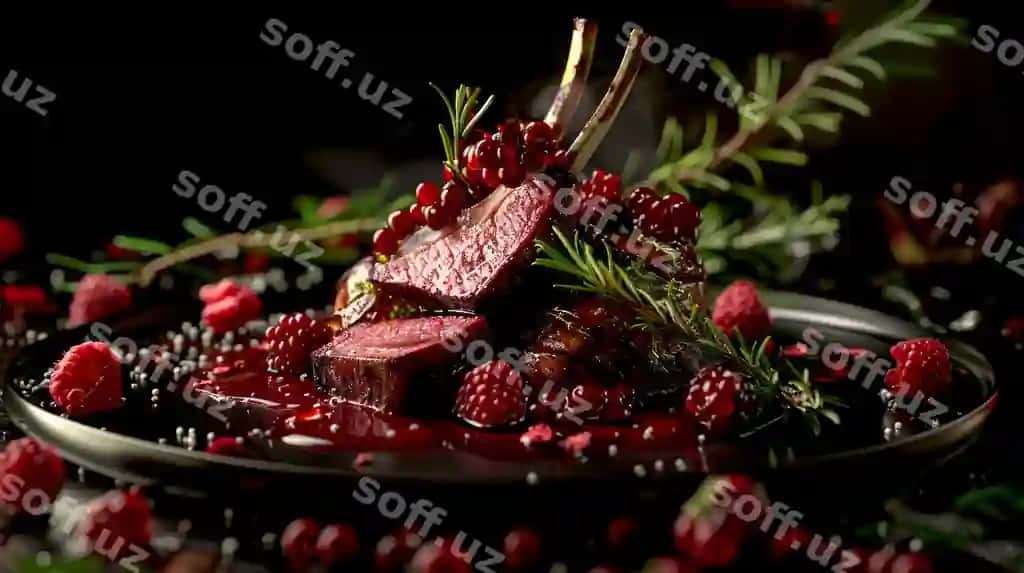 Elegant gurmet taom sukkunat qo'rqog'li qo'riqchalari yangi meva va rozmarin yonilari bilan dekoratsiya qilingan yorqin qora disk mukammal yuqori darajadagi ovqat fotosurati uchun ideal ovqat blogalari AI | Elegant gourmet dish featuring succulent lamb chops garnished with fresh berries sprigs rosemary shiny black plate perfect highend food photography culinary blogs ai