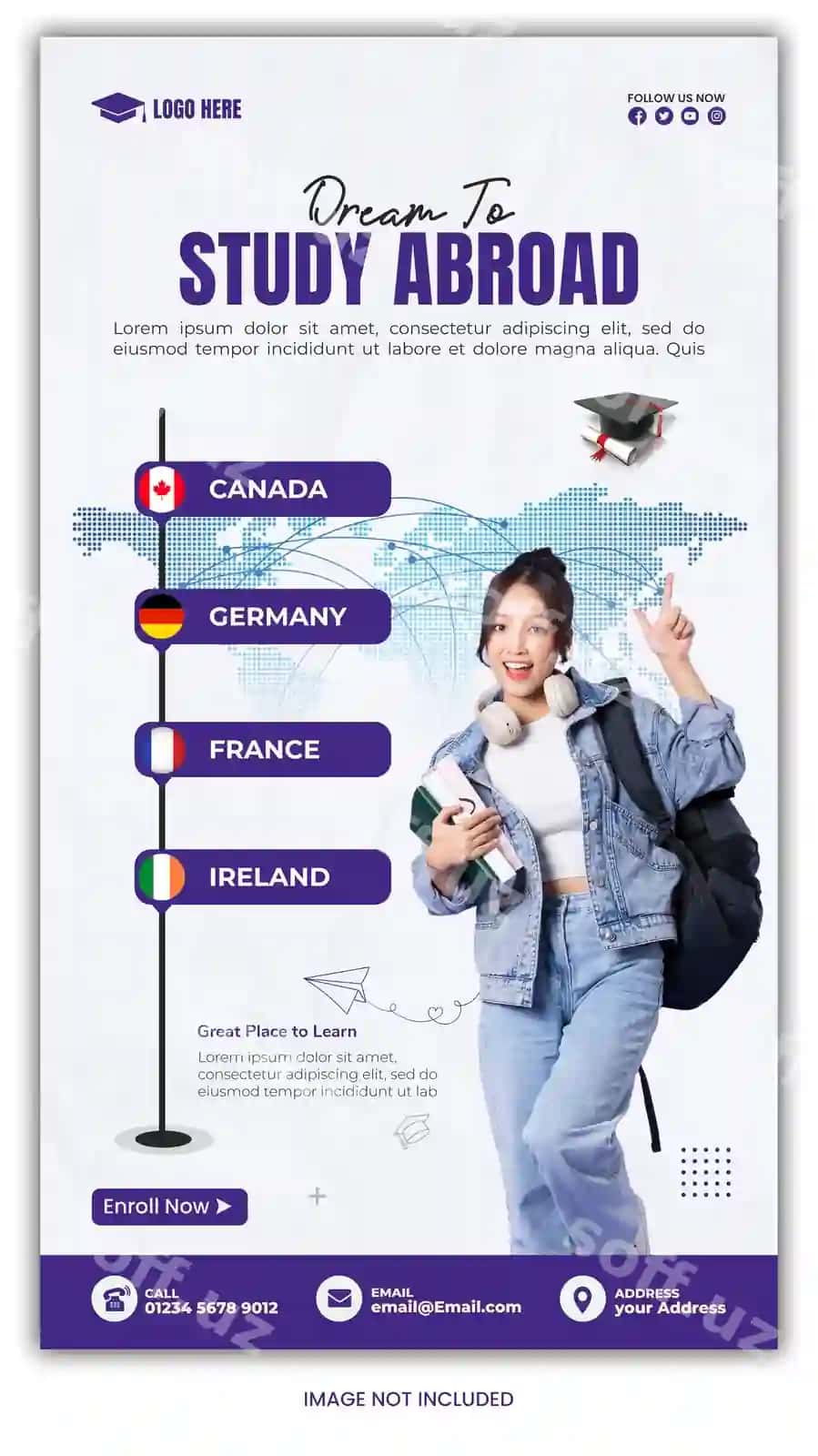 Chet ellarda o'quv plakati uchun mukammal PSD shablon, global ta'limni rag'batlantirish | Study abroad poster psd template perfect promoting global education