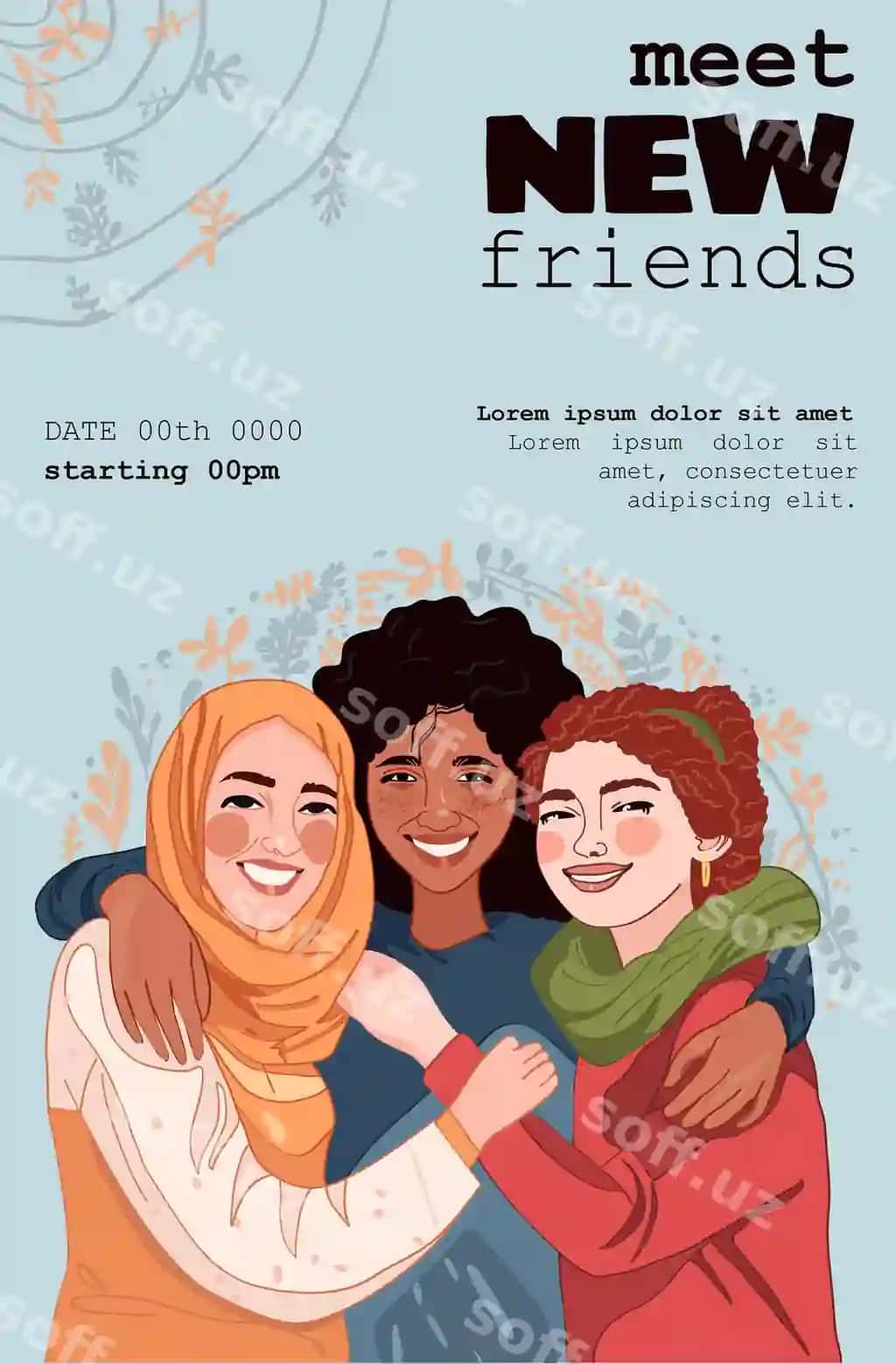 Shablon poster uch gulovchi qiz do'stlar bilan | Template poster with 3 smiling girls friends