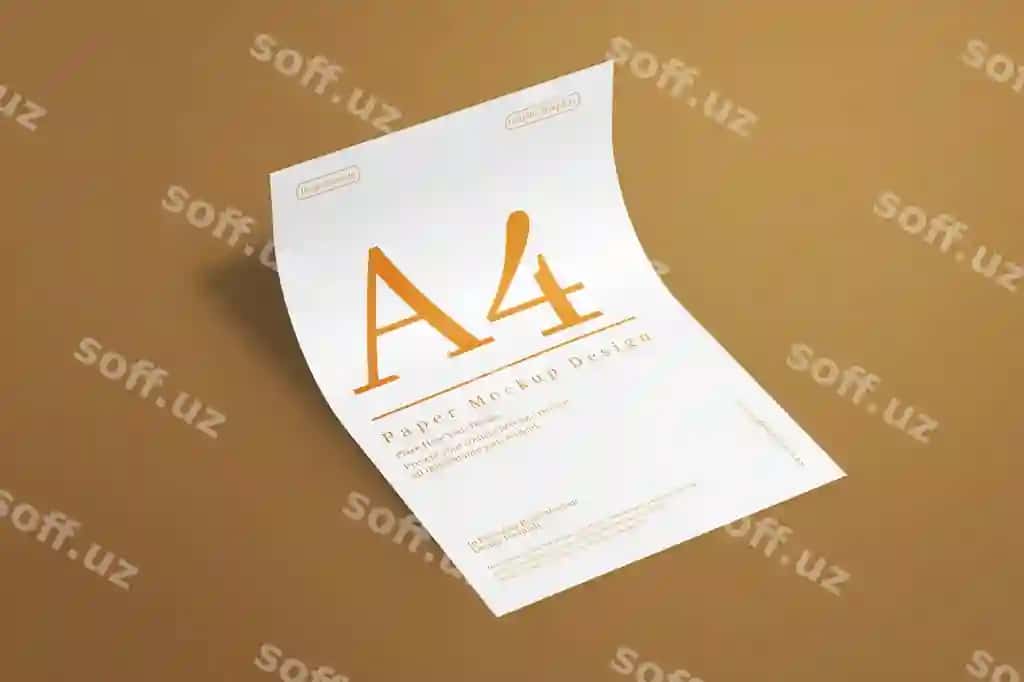 A4 qog'ozning yarımi qatlamgan effektli namunasi tikilgan yuzada | Half folded effect a4 paper mockup laying surface