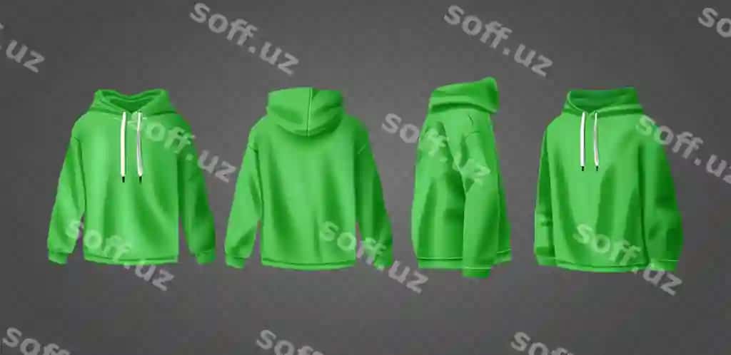 Yashil xudi namunasi old, orqa, tomon ko'rinishlarini shaffof ko'rsatuvchi | Green hoodie mockup showcasing front back side views transparent