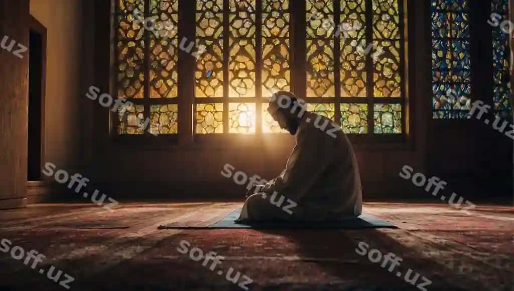 Erkak namoz o'qiyotgan boz bo'ron oynasining oldida | Man praying front stained glass window