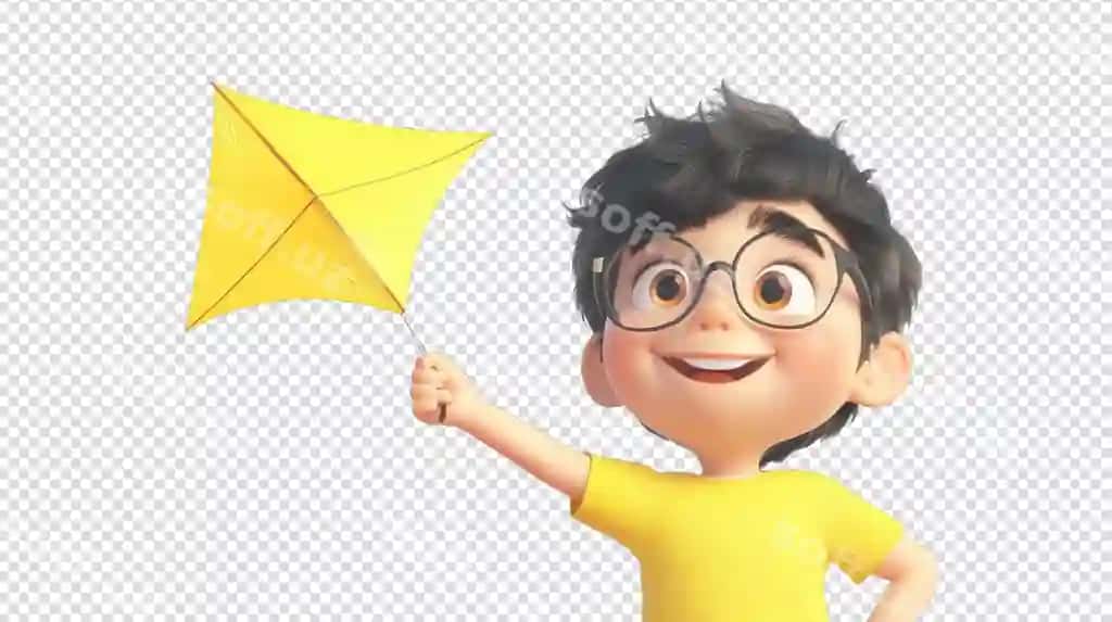 Gulbaxor bolasi ko'z qo'llari bilan yorqin sariq uchqinni tutmoqda quyoshli tashqi havo. | Cheerful boy with glasses holding bright yellow kite sunny outdoor