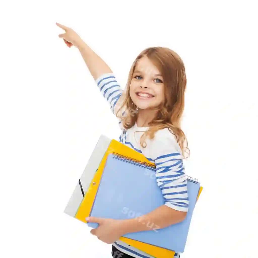 Ta'lim maktabi virtual ekran kontseptsiyasi chiroyli kichik qiz rangli papkalar bilan havo virtual ekran ko'rsatgan. | Education school virtual screen concept cute little girl with colorful folders pointing air virtual screen