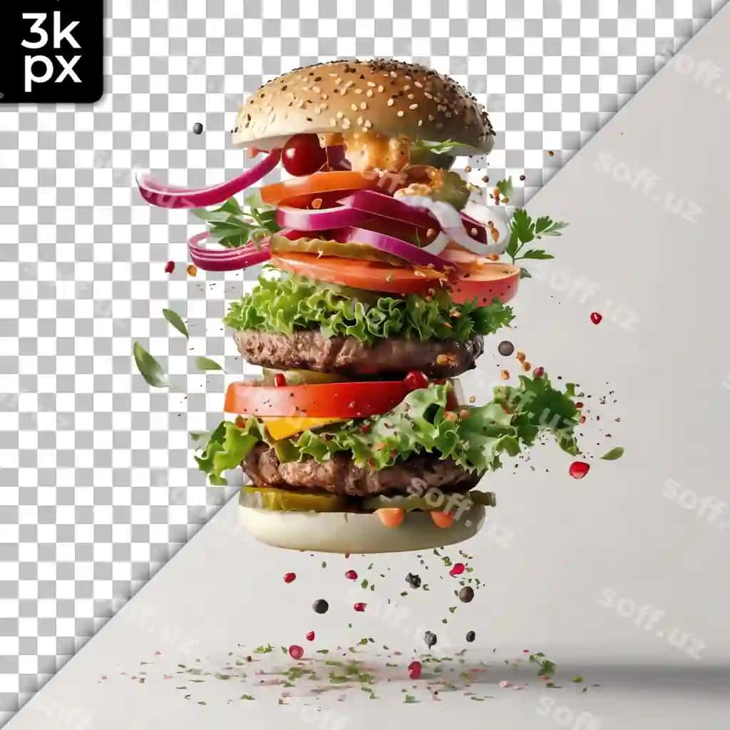 Gamburger rasmli kartoshka qovoqli hamburger qora fonda | Hamburger with picture vegetables hamburger with black background
