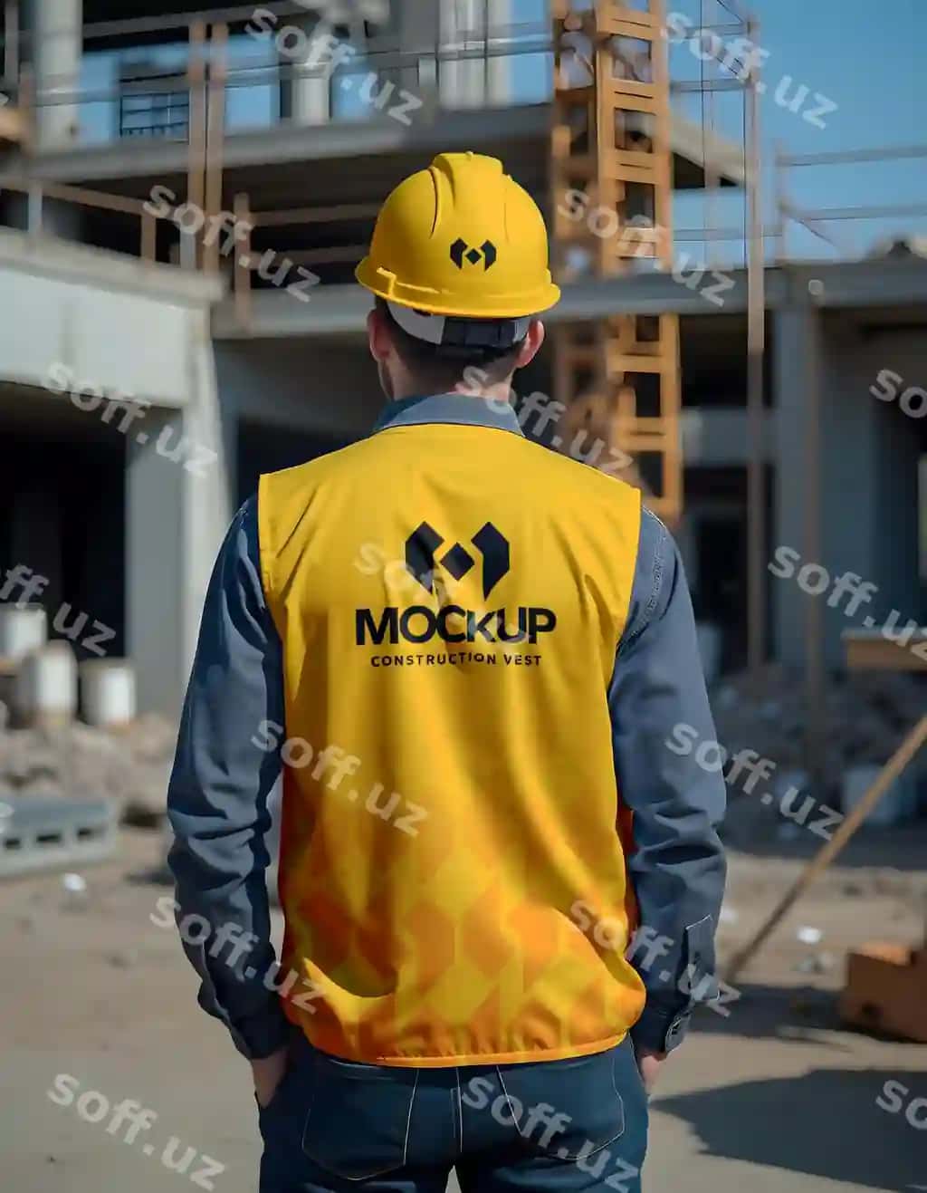Erkak sariq jileti kiygan qurilish namunasi | Man wearing yellow vest construction mockup
