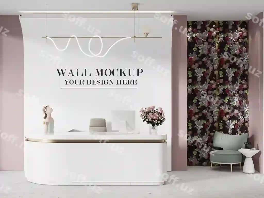 Ajoyib go'zallik salonining qabulhona devori namunasi | Fabulous beauty salon reception wall mockup